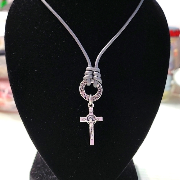 J & R Gems! Jewelry - Genuine Leather Crucifix St. Benedict Pendent!